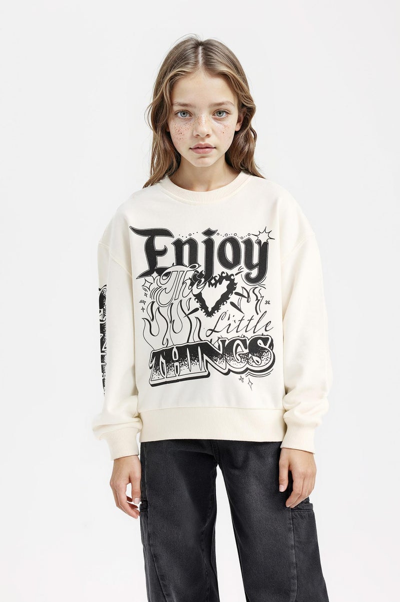 DeFacto Beige Girl Girl Oversize Mold Crew Neck Sweatshirt Casual - Image 4